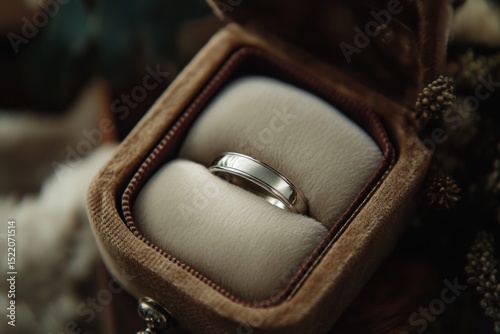 white gold wedding bands in box with soft cushion, close-up, romantic vibe