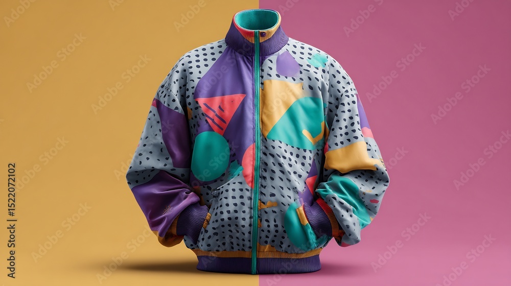 Naklejka premium Colorful nineties inspired jacket with geometric shapes against vibrant background colors