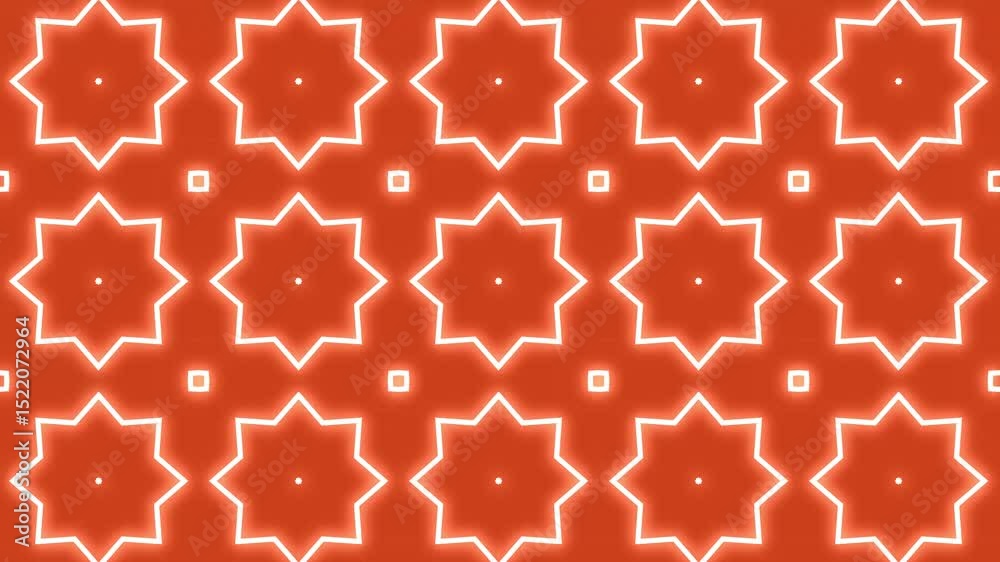 Kaleidoscope white eight pointed stars orange background. Suitable for winter holiday themed designs, festive backgrounds, stationery, packaging, and social media graphics.