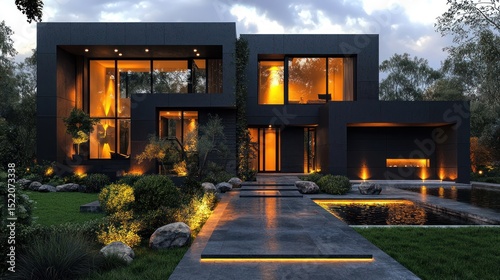 Modern, dark-toned home exterior at dusk, with illuminated landscaping and water features