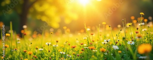 Sun-drenched meadow bathed in golden light, wildflowers swaying gently in the breeze A vibrant, cheerful scene perfect for nature, summer, and spring themes , bloom, day, field