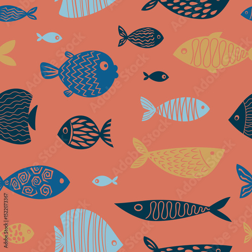 Colorful fish print on coral background. Seamless pattern for printing, postage, menus, posters. Editable vector..eps
