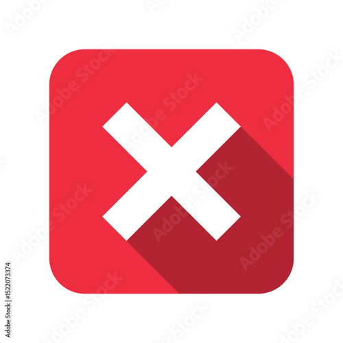 White Cross Icon on Red Background, Flat Vector Error or Cancel Symbol.