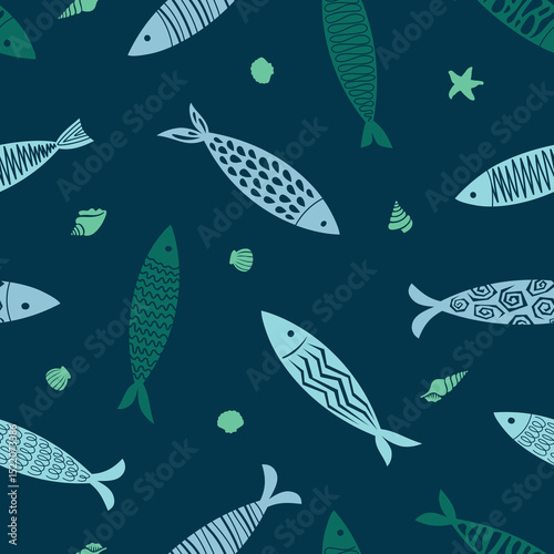 Fish and seashells print. Seamless pattern of abstract fish. Blue background. Editable vector..eps