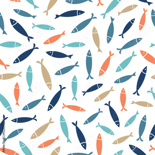 Seamless repeating vector pattern with small schools of colorful fish on white background. Tropical fish..eps