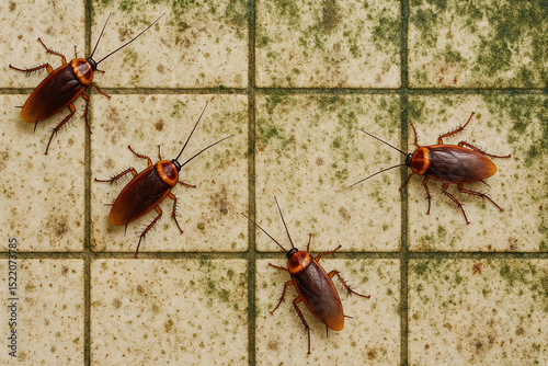 A high-resolution image showing four cockroaches crawling across stained and moldy bathroom tiles. The floor features green mold and dark spots, highlighting an unhygienic environment.
