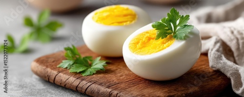 Clean eating as a simple snack in kitchen concept. Delicious boiled eggs garnished with fresh herbs on a cutting board.