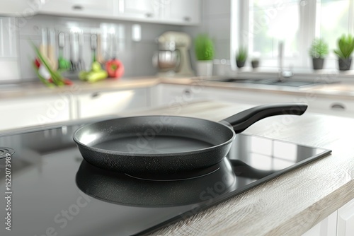 clear pixel image of Frying pan in modern kitchen with induction stove