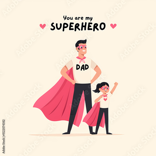 A proud dad and his daughter, both in pink superhero capes, stand tall, isolated on white background