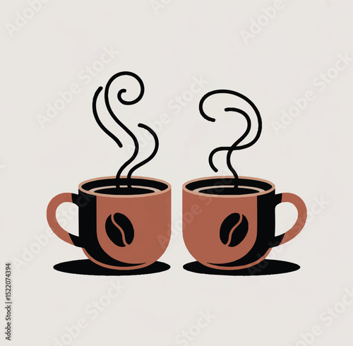 "Stylized Coffee Mug Illustration with Steam and Bean Icon – Minimalist Vector Design Featuring Two Matching Hot Beverage Cups for Cafe Branding, Coffee Art, and Morning Decor"