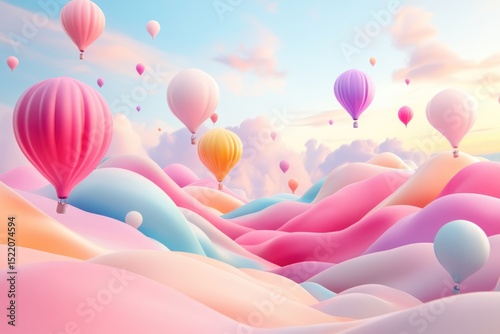 Upward flight of vibrant balloons, soft breeze and pastel sky background