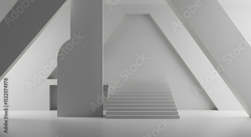 White architectural space with staircase and geometric design elements
