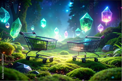 Glowing geometric crystals hover over bioluminescent moss, digital shopping carts float amidst futuristic product holograms.
