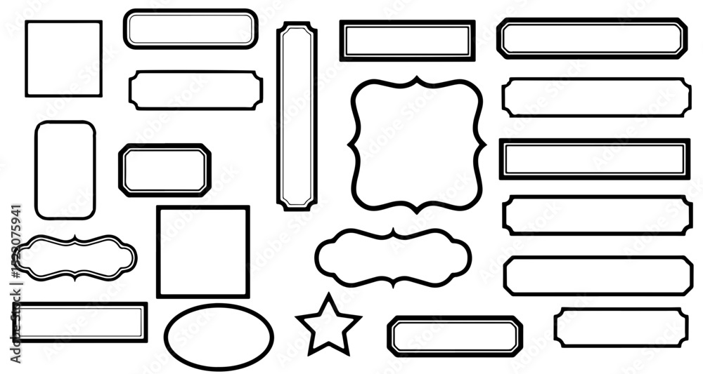 Obraz premium Assorted Black and White Outline Label Shapes: Rectangles, Squares, Oval, Star, Decorative Frames
