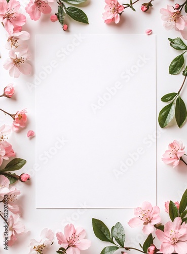 Pink Flower Branches on White: Elegant Floral Frame for Spring, Wedding Invitations, and Celebration Backgrounds.