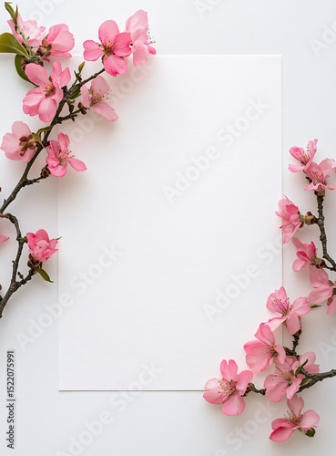Pink Flower Branches on White: Elegant Floral Frame for Spring, Wedding Invitations, and Celebration Backgrounds.
