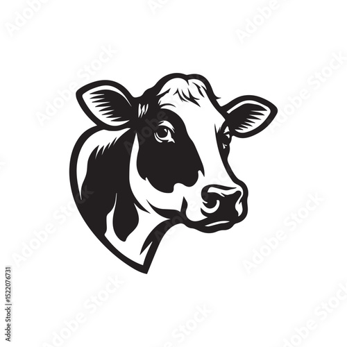 Black and White Cow Head Vector Illustration. Farm Animal Icon, Dairy Cattle Logo Design, Livestock Mascot Artwork on White Background.Cow Vector Illustration