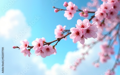 Branches blossoming cherry on background blue sky and white clouds in spring on nature outdoors. Pink sakura flowers, amazing colorful dreamy romantic artistic image spring nature, banner format.