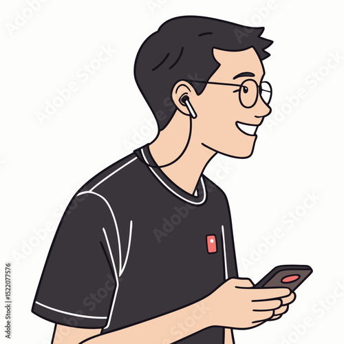 Smiling person using smartphone with headphones