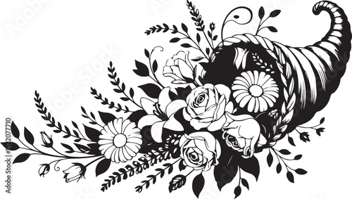 "Black and White Floral Cornucopia Vector Illustration – Hand-Drawn Horn of Plenty with Roses, Daisies, and Leaves for Thanksgiving, Harvest Decor, and Botanical Design Projects"
