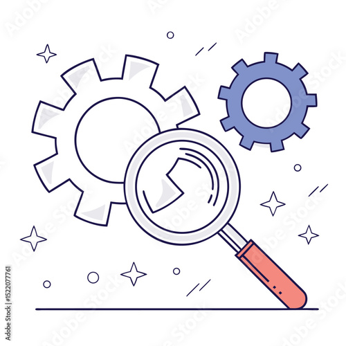 Technology illustration gears magnifying glass