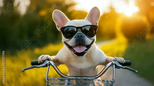 Cute French bulldog dog riding bicycle autumn or summer blurred background, 4K