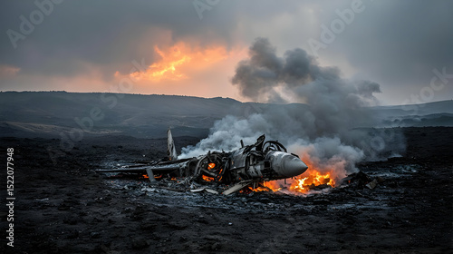 Burning Military Airplane Wreckage On A Dark Field At Sunset