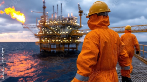 Engineer workers in safety gear monitor oil rig operations during a dramatic sunset at sea.
