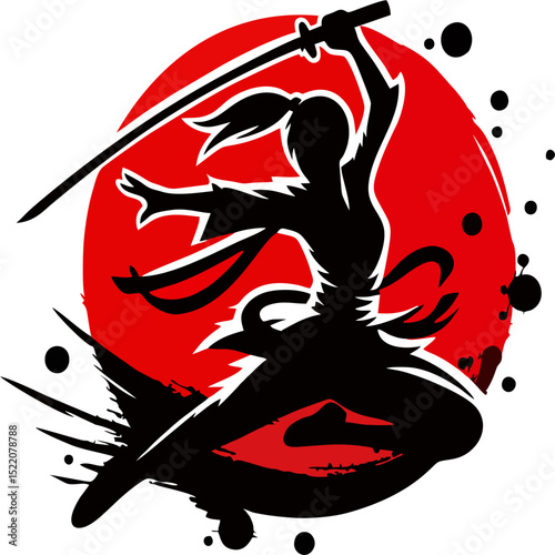 Dynamic Female Ninja Silhouette with Katana and Red Sun Background