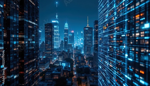 Fototapeta Naklejka Na Ścianę i Meble -  Futuristic city skyline at night with digital overlay.