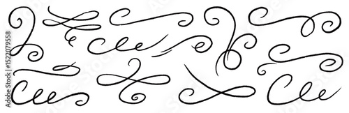 Line ornament flourish calligraphy swirl set. Elegant flourish divider, underline and scroll swash wedding font, label or accent. Line art swirl, chalk flourish, vintage ornament. Vector illustration