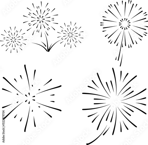 four beautiful fireworks shapes in line art style