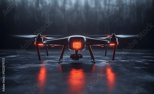 Black drone mockup with glowing red lights on reflective surface

 photo