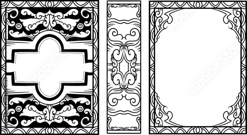 esign book cover with intricate ornamental decoration. There are three parts, namely the front cover, the spine and the back cover.
