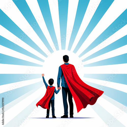Father and son superheroes against a radiant blue sky