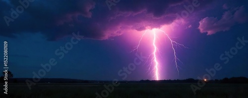 Dramatic shot of a powerful lightning bolt striking the ground during a nighttime thunderstorm, illuminating the dark landscape with bright, intense light , rainfall, intense