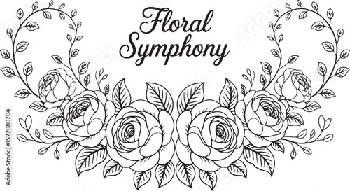 "Intricate Floral Symphony Vector Illustration Featuring Hand-Drawn Rose Bouquets and Curved Leafy Vines – Elegant Black and White Botanical Ornament for Vintage Decor and Invitation Design"
