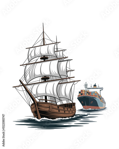 Vintage sailing ship and modern cargo vessel illustration
