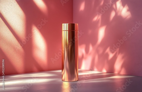 Rose Gold Thermos Mockup with Soft Shadows on Pastel Pink

