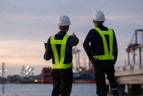 Industrial engineer workers operations marine port cranes loading and unloading of cargo ships global trade and supply chain import export environment monitoring responsible global economy.