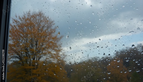Wet Window in Autumn with Tree and Clouds in the Background Moody Seasonal Scene









