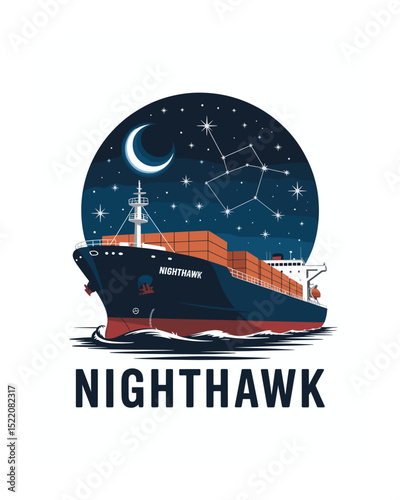 Cargo ship at night under the stars constellation illustration