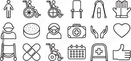 Elderly Care and Senior Wellness Icons in Line Style