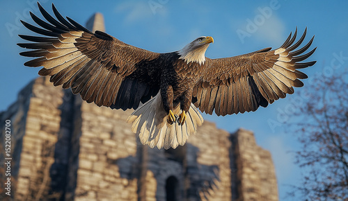 Powerful eagle in mid-flight among skyscrapers, symbolizing freedom and strength in the city.