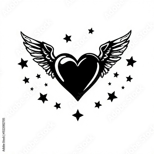 Black and white heart with angel wings and stars, tattoo-style illustration, love, freedom, spirituality, gothic, fantasy, wings, romantic, artistic, symbol, tattoo art, ink, dark, stars, mythical, de