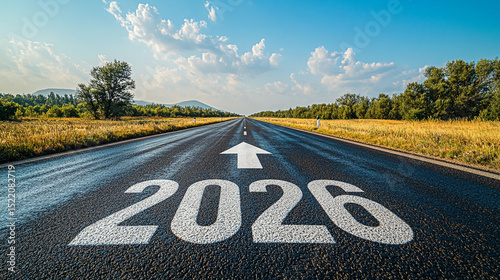 Bold 2026 marking on empty highway reflecting fiery sky and path toward a bright future.