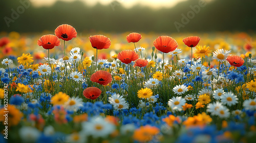 Blooming wildflower meadow in spring with red poppies, daisies, and rural cottage in sunlight.