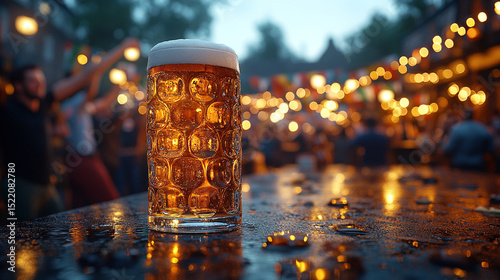 Amber beer with foam in beer garden during night party with string lights and cheers.
