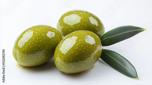 Three shiny green olives with leaf on white background in minimal close-up food composition.