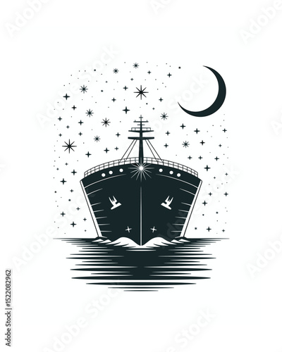 Nighttime cargo ship sailing under crescent moon and stars